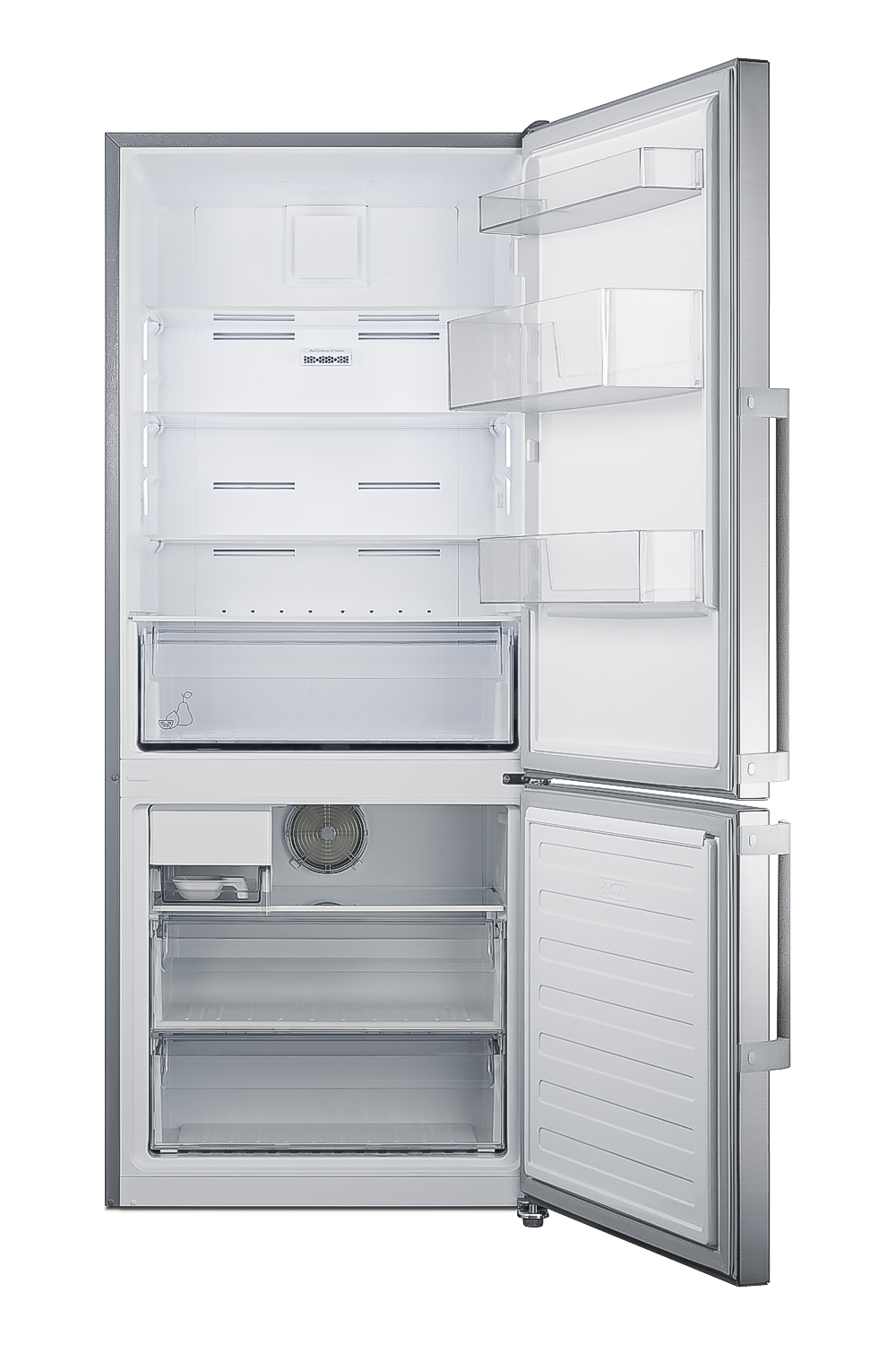 Frost-free ENERGY STAR certified bottom freezer refrigerator with icemaker in stainless steel